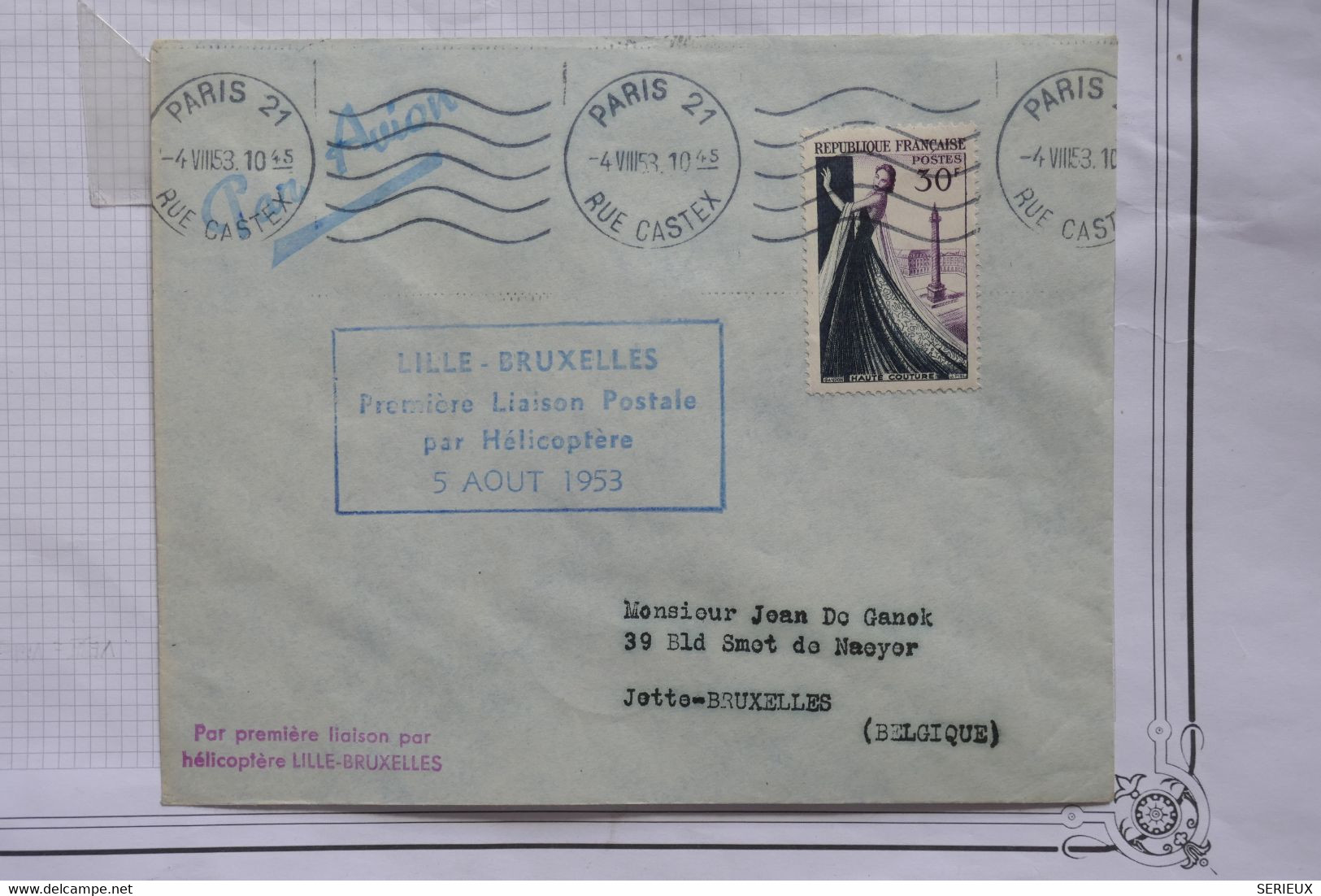 AQ22  FRANCE  BELLE LETTRE  1953 1ER VOL POSTAL  PAR HELICO LILLE BRUXELLES + AFFRANCH.PLAISANT - 1960-.... Covers & Documents