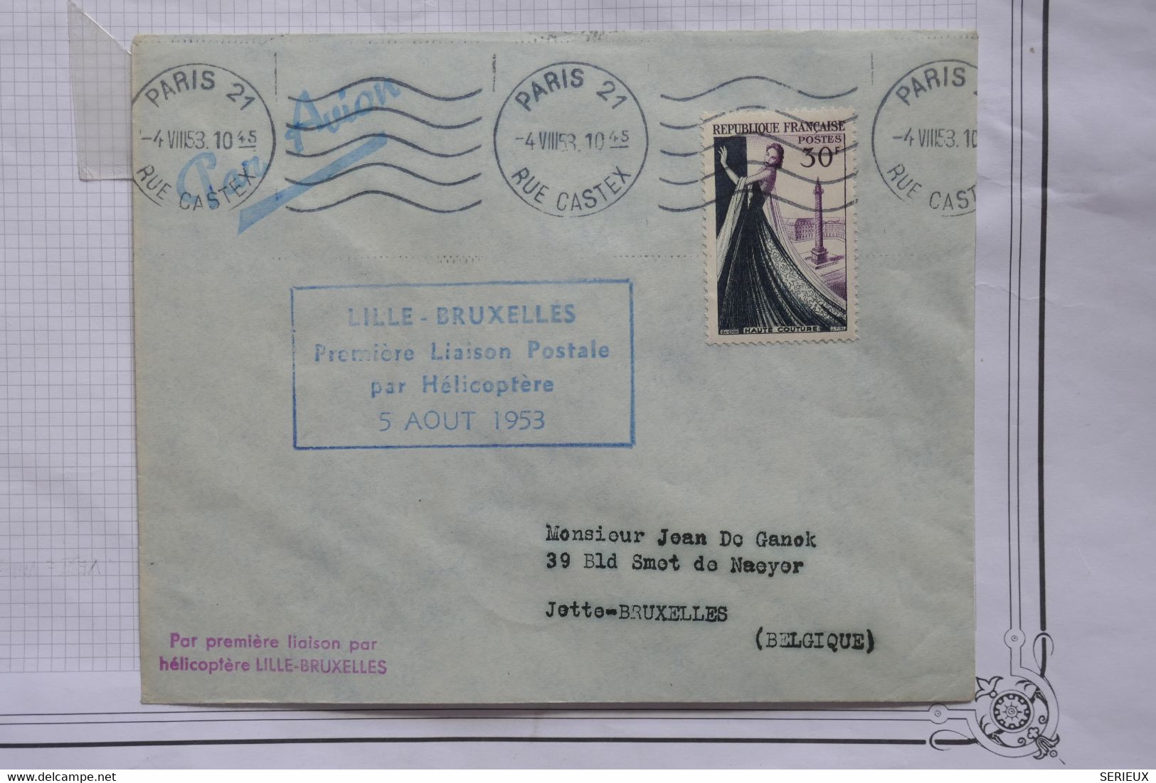 AQ22  FRANCE  BELLE LETTRE  1953 1ER VOL POSTAL  PAR HELICO LILLE BRUXELLES + AFFRANCH.PLAISANT - 1960-.... Storia Postale