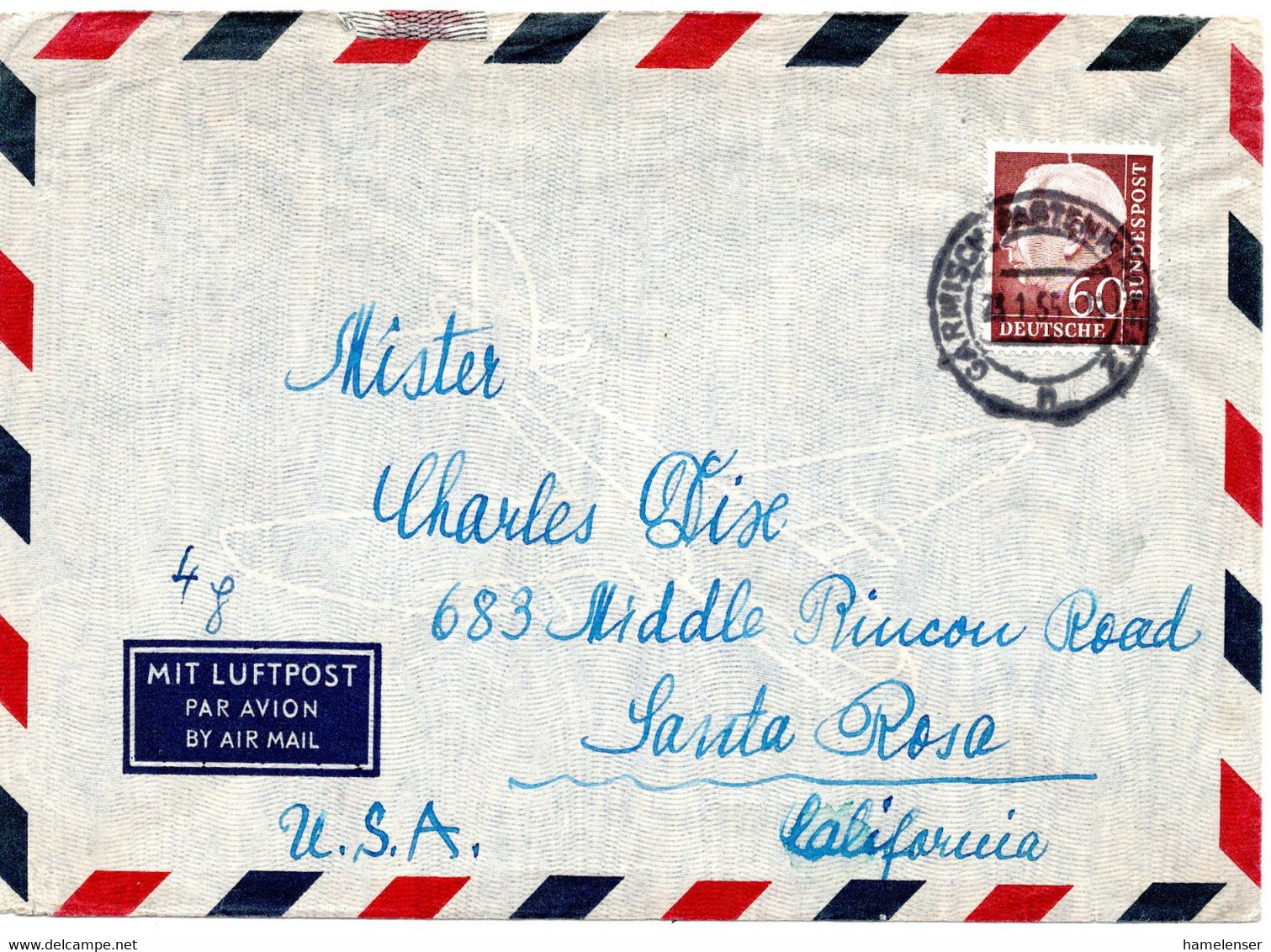 59013 - Bund - 1955 - 60Pfg Heuss I EF A LpBf GARMISCH-PARTENKIRCHEN -> Santa Rosa, CA (USA) - Cartas & Documentos