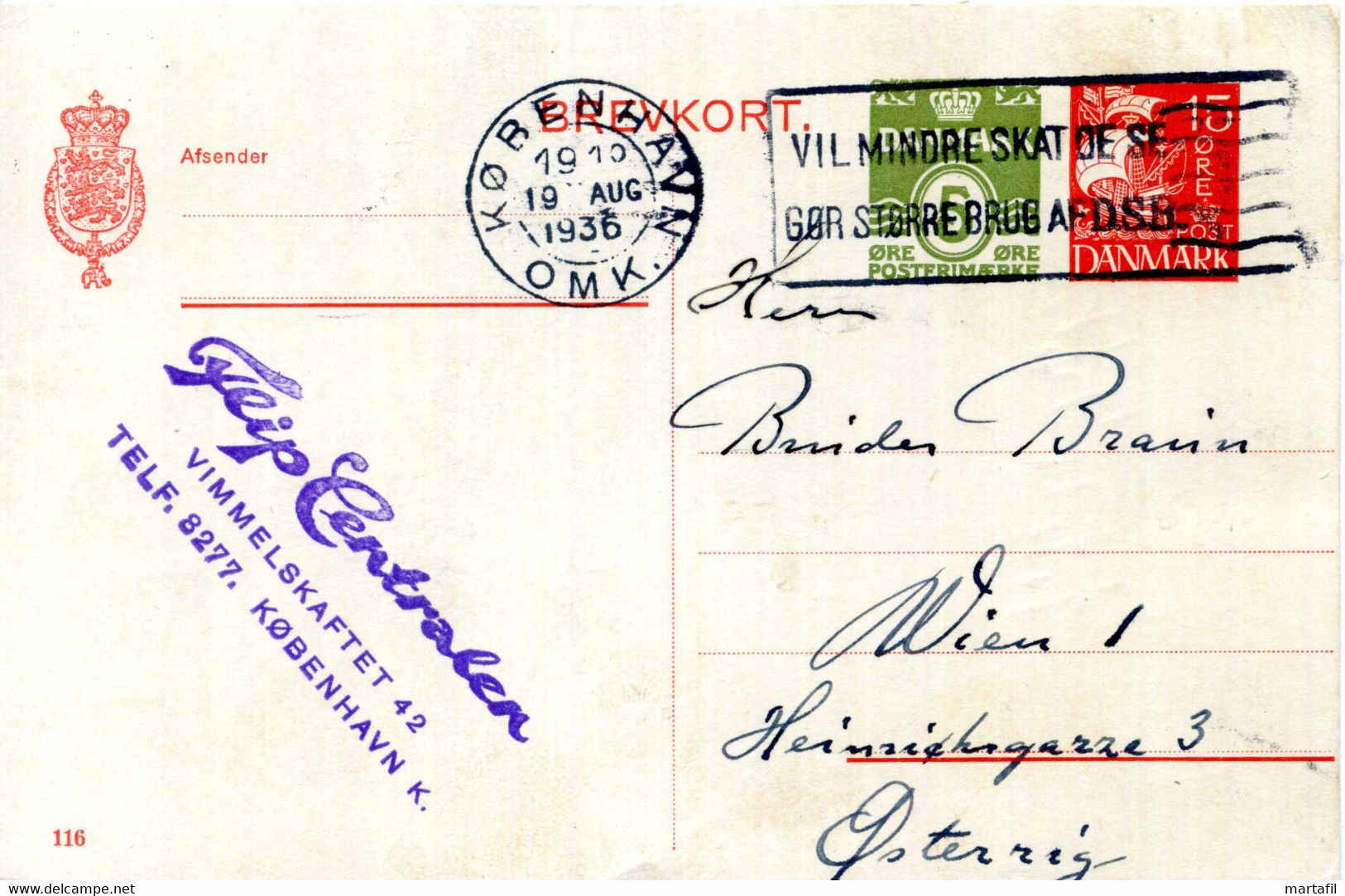 1937 Danimarca Intero KOBENHAVN - WIEN I // TMS "Vil Mindre Skat De Se Gor Storre Brug Af D.S.B." - Postal Stationery