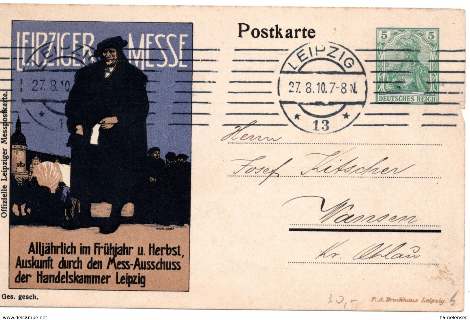 59016 - Deutsches Reich - 1910 - 5Pfg Germania PGAKte "Leipziger Messe" LEIPZIG -> Wansen - Brieven En Documenten