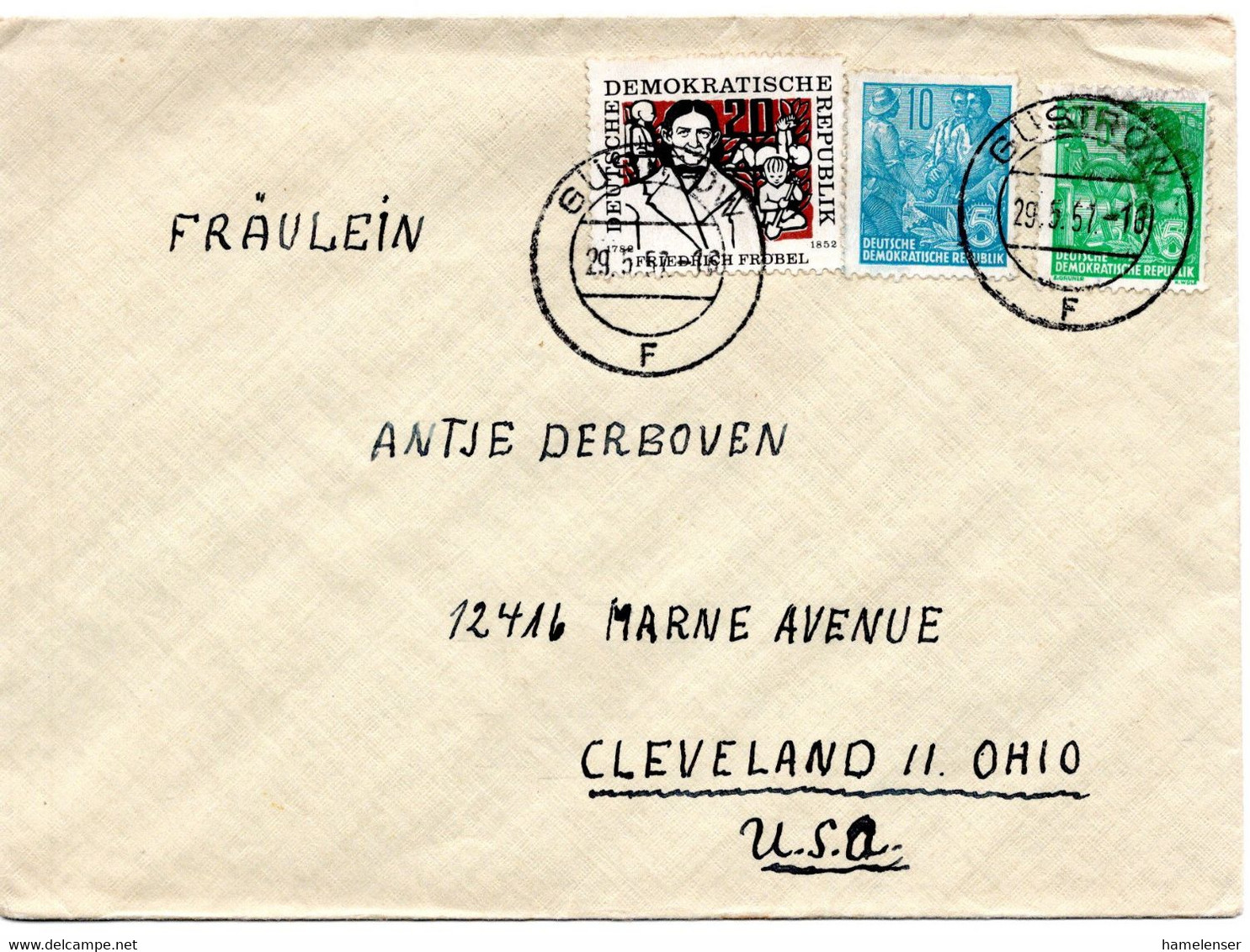 59019 - DDR - 1957 - 20Pfg Froebel MiF A Bf GUESTROW -> Cleveland, OH (USA) - Cartas & Documentos