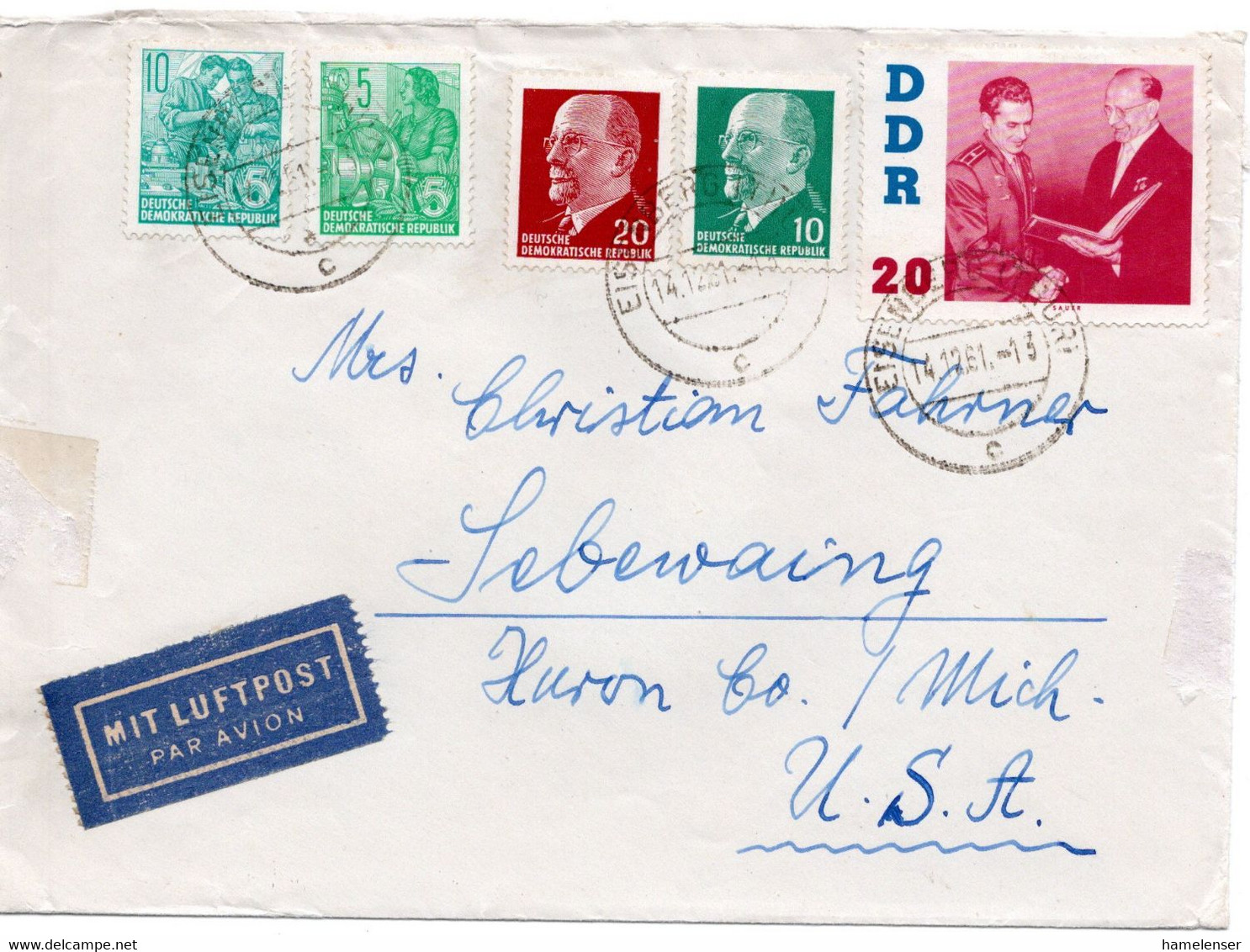 59020 - DDR - 1961 - 20Pfg Raumfahrt MiF A LpBf EISENBERG -> Sebewaing, MI (USA) - Storia Postale