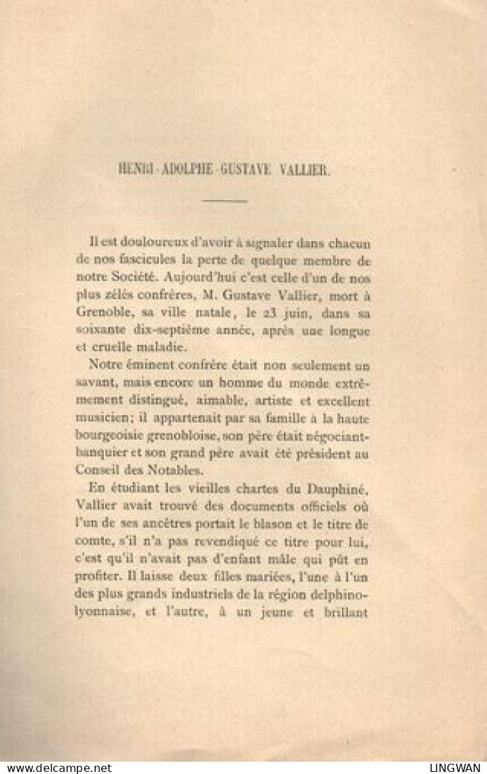 Henri Adolphe Gustave VALLIER . ARTICLE NECROLOGIQUE - Livres & Logiciels