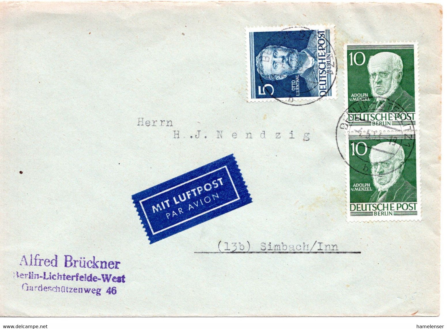 59031 - Berlin - 1953 - 2@10Pfg Menzel MiF A LpBf BERLIN -> Simbach - Cartas & Documentos