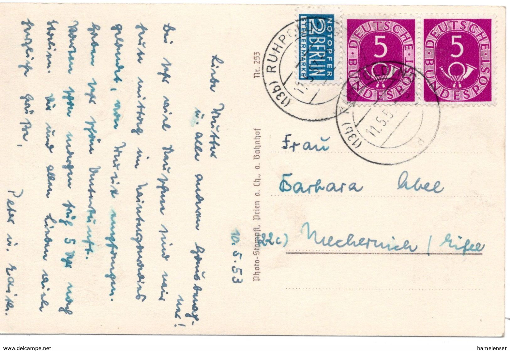 59036 - Bund - 1953 - 5Pfg Posthorn Waag Paar A AnsKte RUHPOLDING -> Mechernich - Covers & Documents