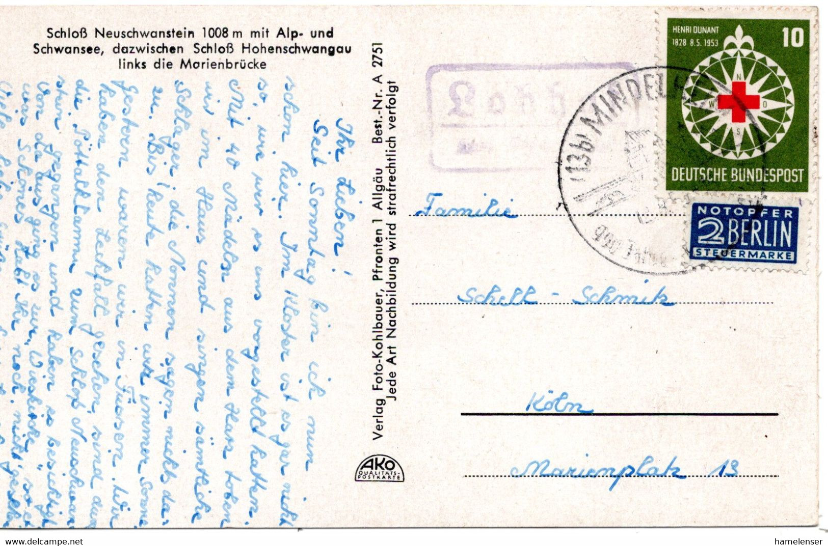 59037 - Bund - 1953 - 10Pfg Rotes Kreuz EF A AnsKte MINDELHEIM -> Koeln - Storia Postale