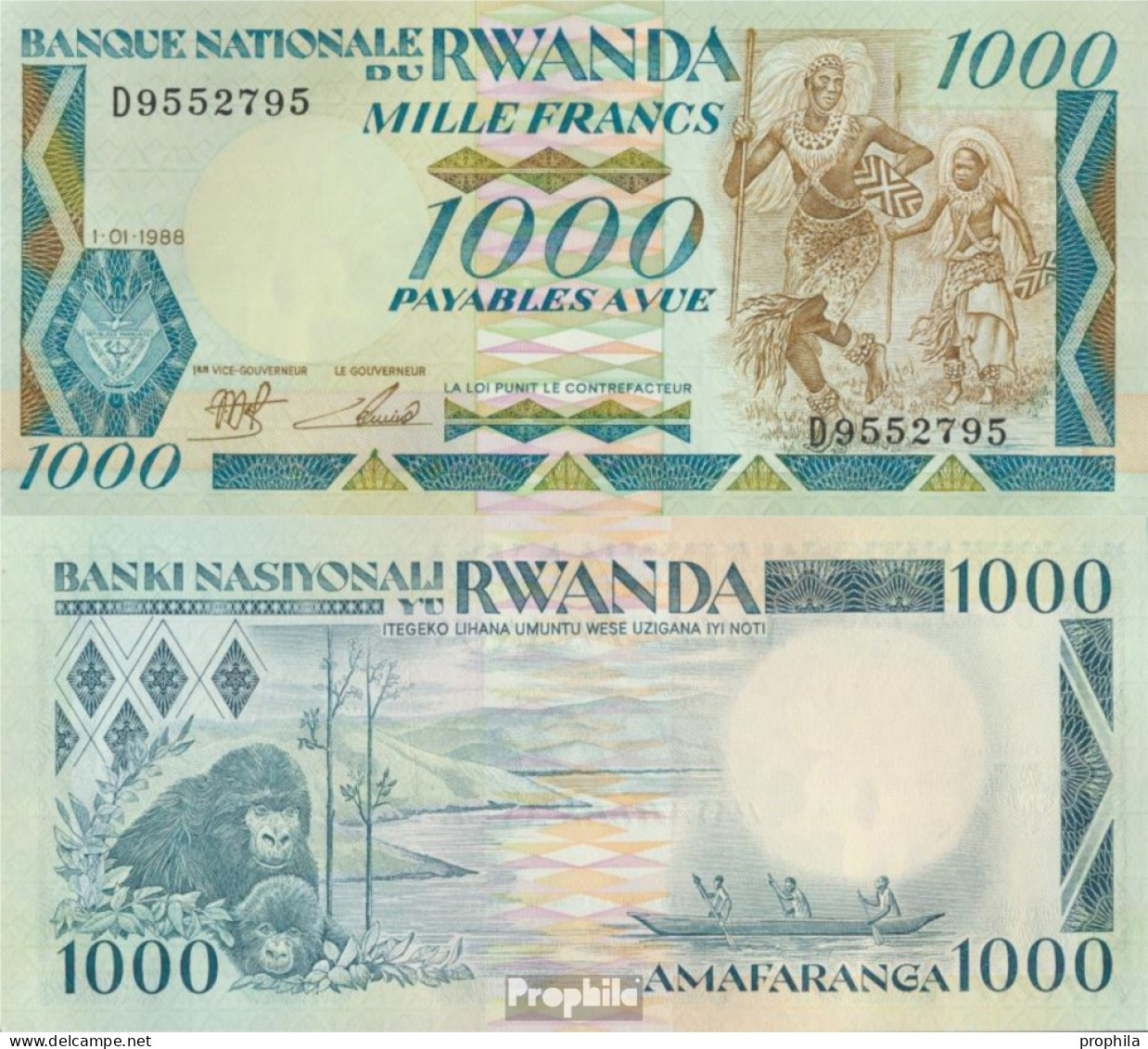 Ruanda Pick-Nr: 21a (1988) Bankfrisch 1988 1.000 Francs - Rwanda