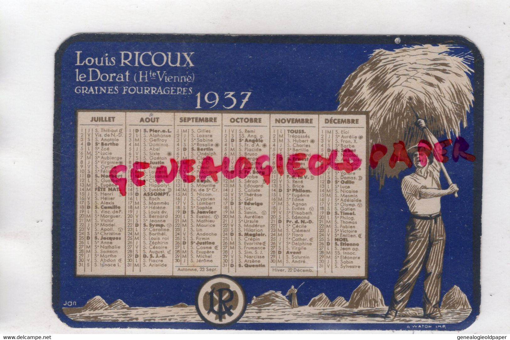 87- LE DORAT - CARTE CALENDRIER LOUIS RICOUX - GRAINES FOURRAGERES 1937 - Klein Formaat: 1921-40
