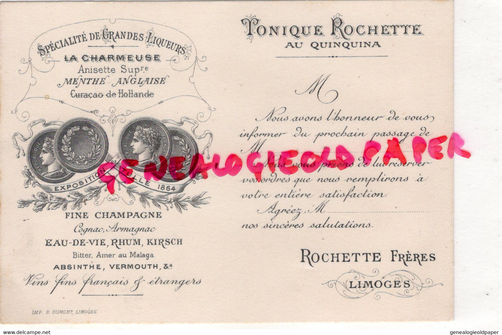 87- LIMOGES - CARTE ROCHETTE FRERES- LA CHARMEUSE MENTHE ANISETTE-QUINQUINA-FINE CHAMPAGNE-RHUM-DUMONT - Visiting Cards