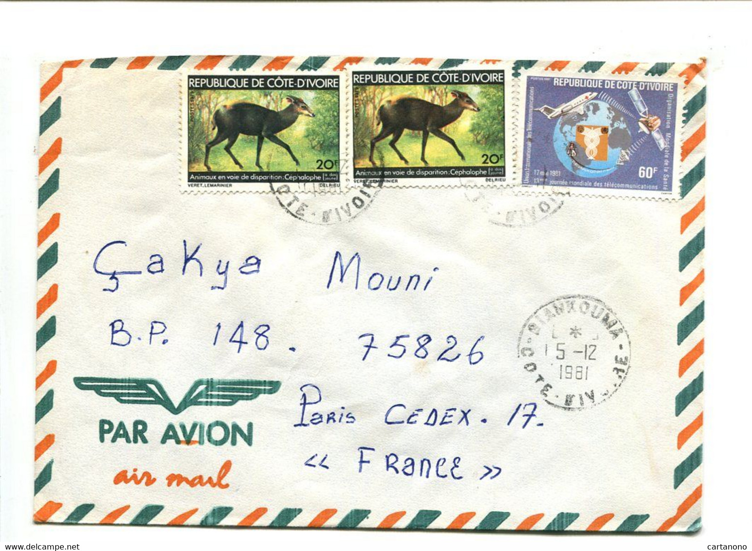 COTE D'IVOIRE - Affranchissement Sur Lettre Par Avion - Animaux / Céphalophe / Télécom - Ivory Coast (1960-...)