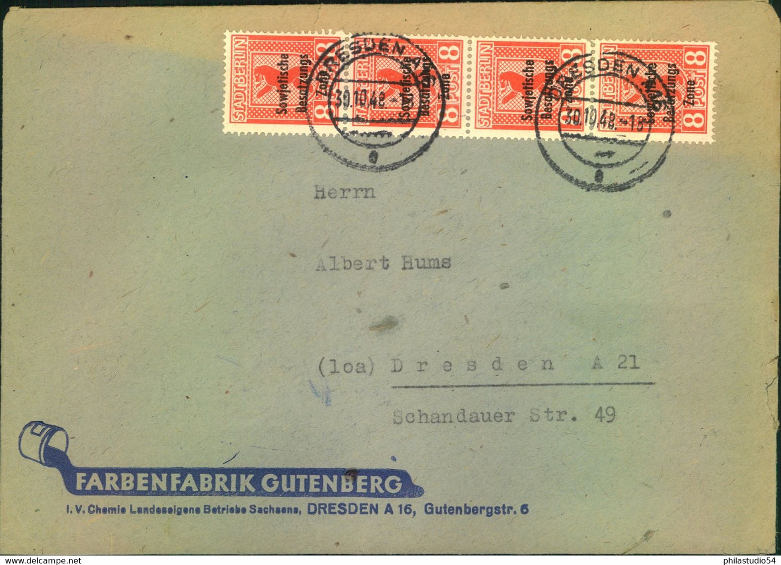 1948, Doppek Ortsbrief Mit 4-mal 8 Pf. Bär Masch- Aiufdruck Ab DRESDEB A 16 - Other & Unclassified