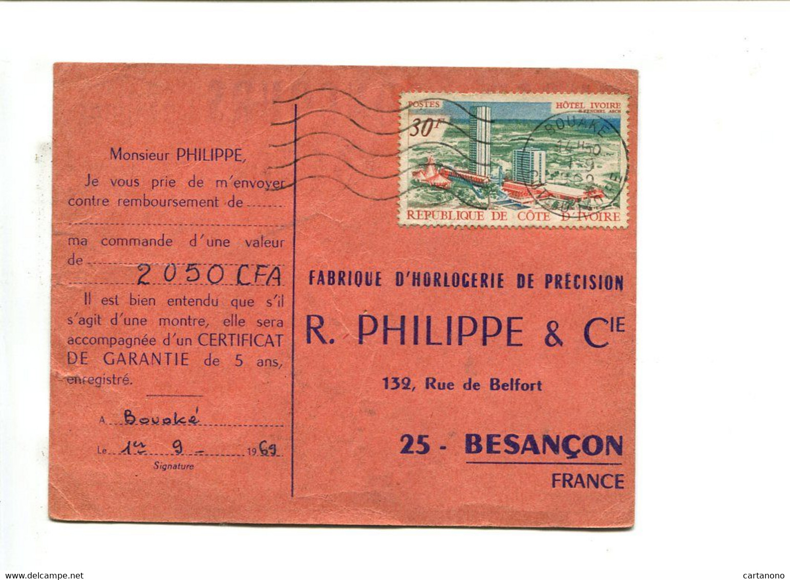 COTE D'IVOIRE - Affr. Sur Carte Réponse Publicitaire Avec Concours - Horlogerie PHILIPPE Besançon - Costa De Marfil (1960-...)