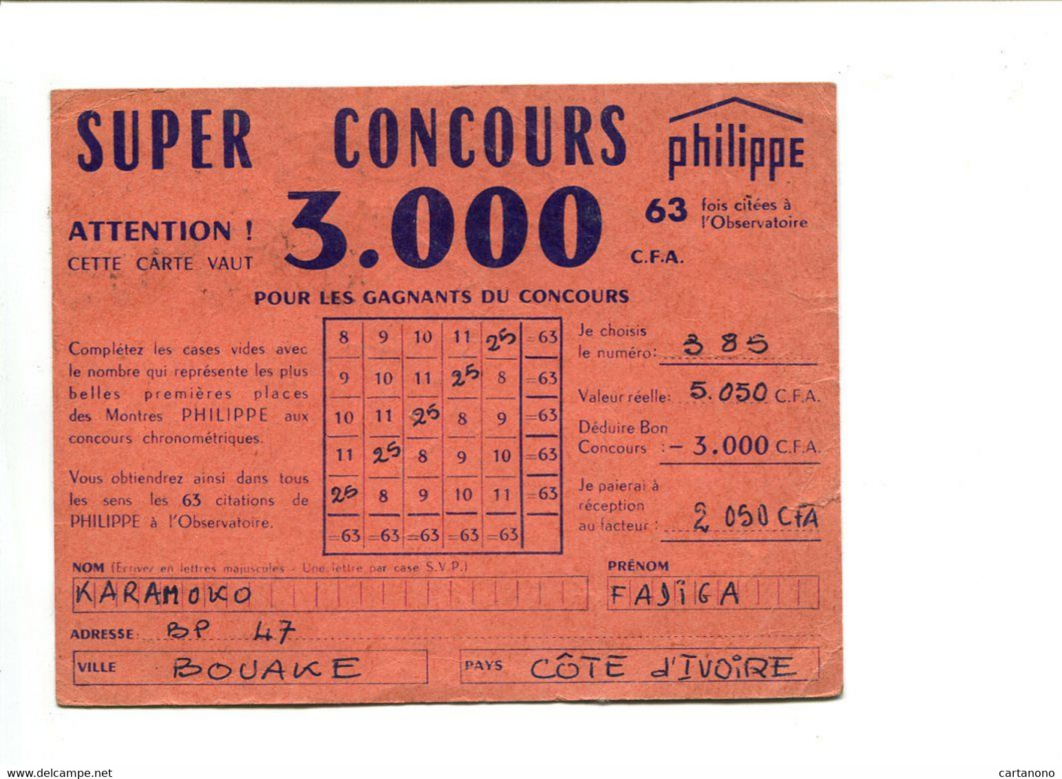 COTE D'IVOIRE - Affr. Sur Carte Réponse Publicitaire Avec Concours - Horlogerie PHILIPPE Besançon - Ivoorkust (1960-...)