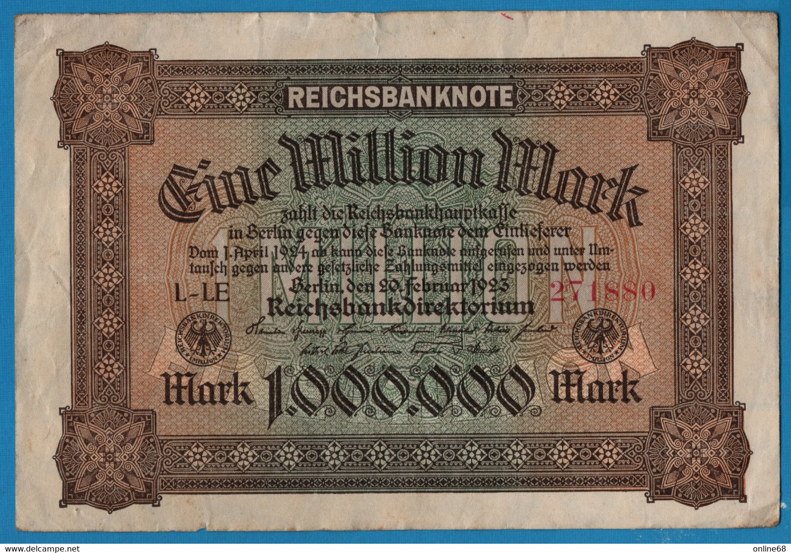 DEUTSCHES REICH 1 MILLION MARK 20.02.1923 # L-LE 271880 P# 86a - 1 Million Mark