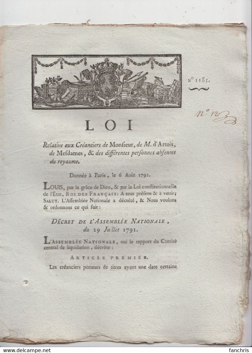 Aout 1791-Loi Relative Aux Créanciers De MONSIEUR, De M.d'ARTOIS, De MESDAMES - Decrees & Laws