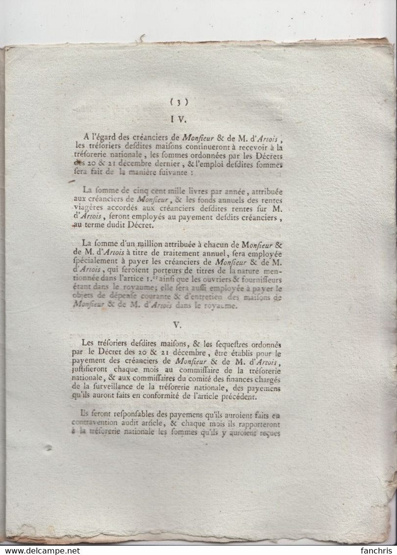 Aout 1791-Loi Relative Aux Créanciers De MONSIEUR, De M.d'ARTOIS, De MESDAMES - Decrees & Laws