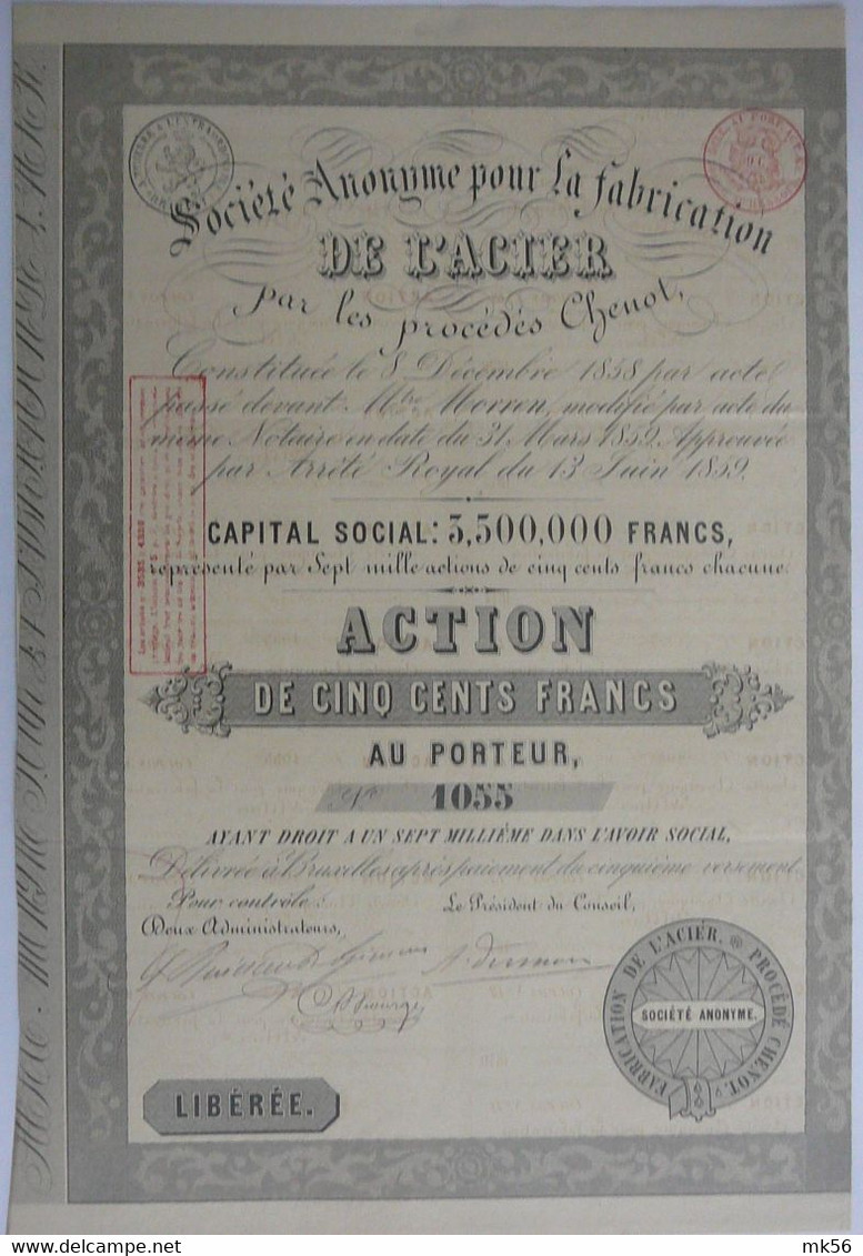 S.A. Pour La Fabrication De L'acier - Action De 500 Francs (1859) - Industrie