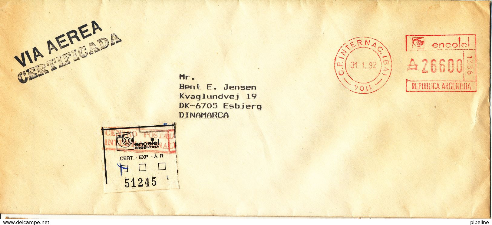 Argentina Registered Cover With Meter Cancel Sent To Denmark 31-1-1992 - Covers & Documents