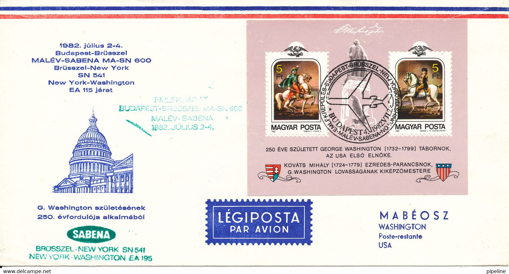 Hungary Air Mail Cover Special Flight Malev Sabena Budapest- Bruxelles - New York - Washington 2-7-1982 With Cachet (the - Lettres & Documents