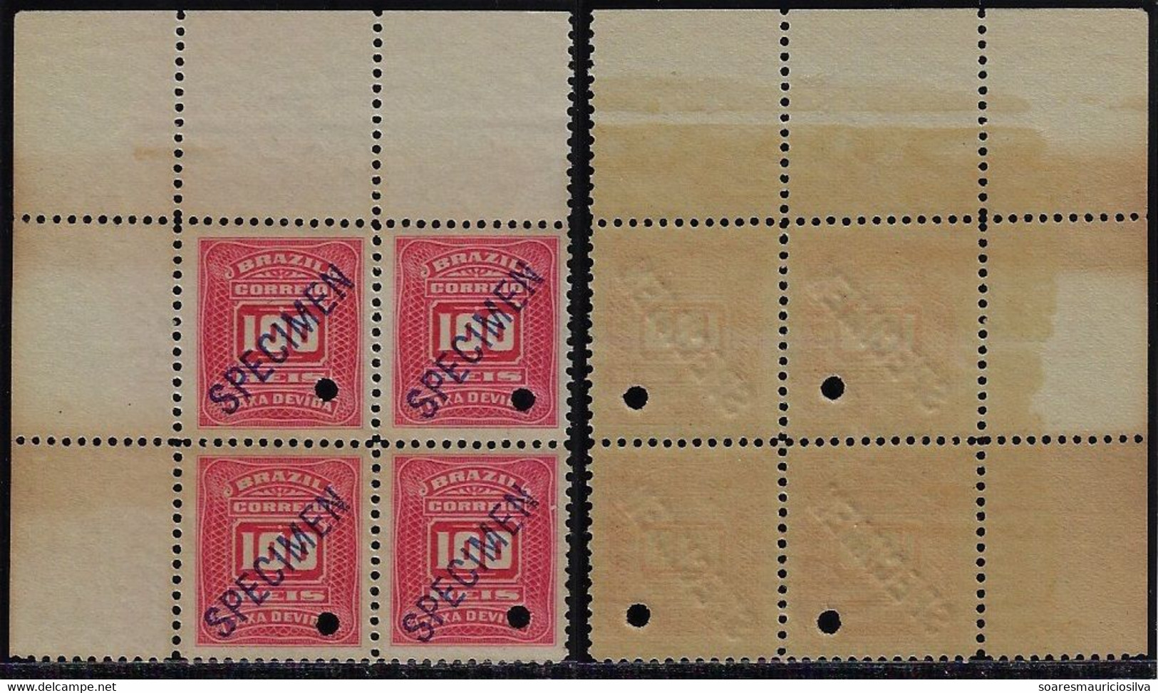 Brazil 1906 Block Of 4 Postage Due Stamp RHM-30 American Bank Note ABN 100 Réis Specimen Hole Overprint Mint - Portomarken