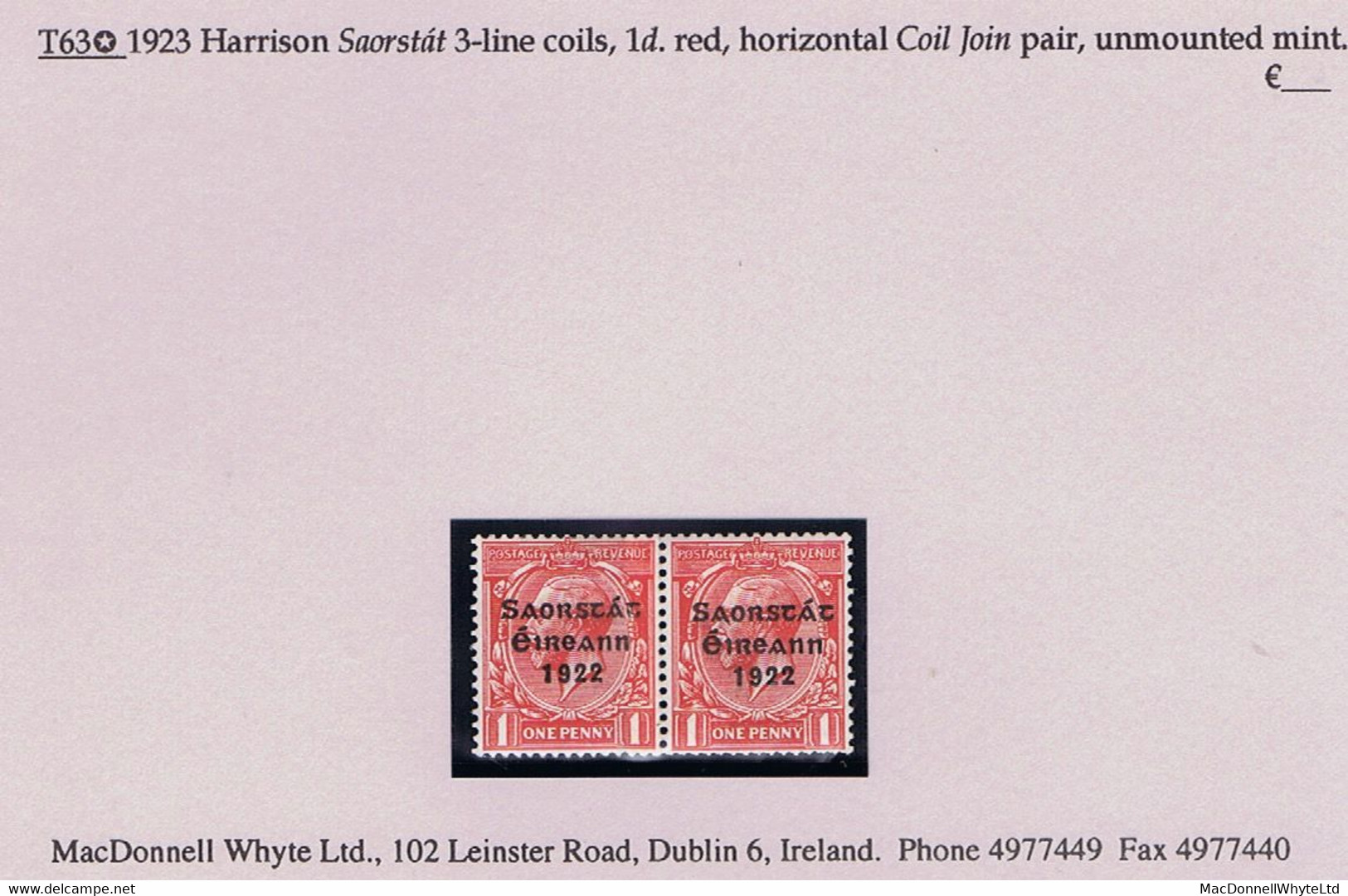 Ireland 1923 Harrison Saorstat Coils 1d Pair "Coil Join" Between, Fresh Mint Unmounted - Ungebraucht