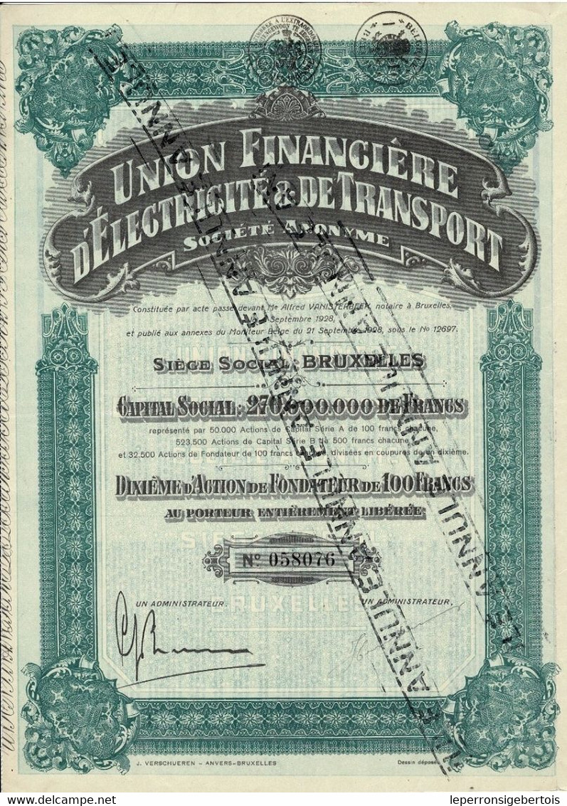 Titre De 1928 - Union Financière D'Electricité Et De Transports - - Electricidad & Gas