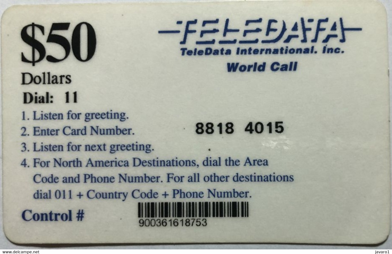 ANGOLA : D06 $50 Black  TELEDATA Blue World Call USED - Angola