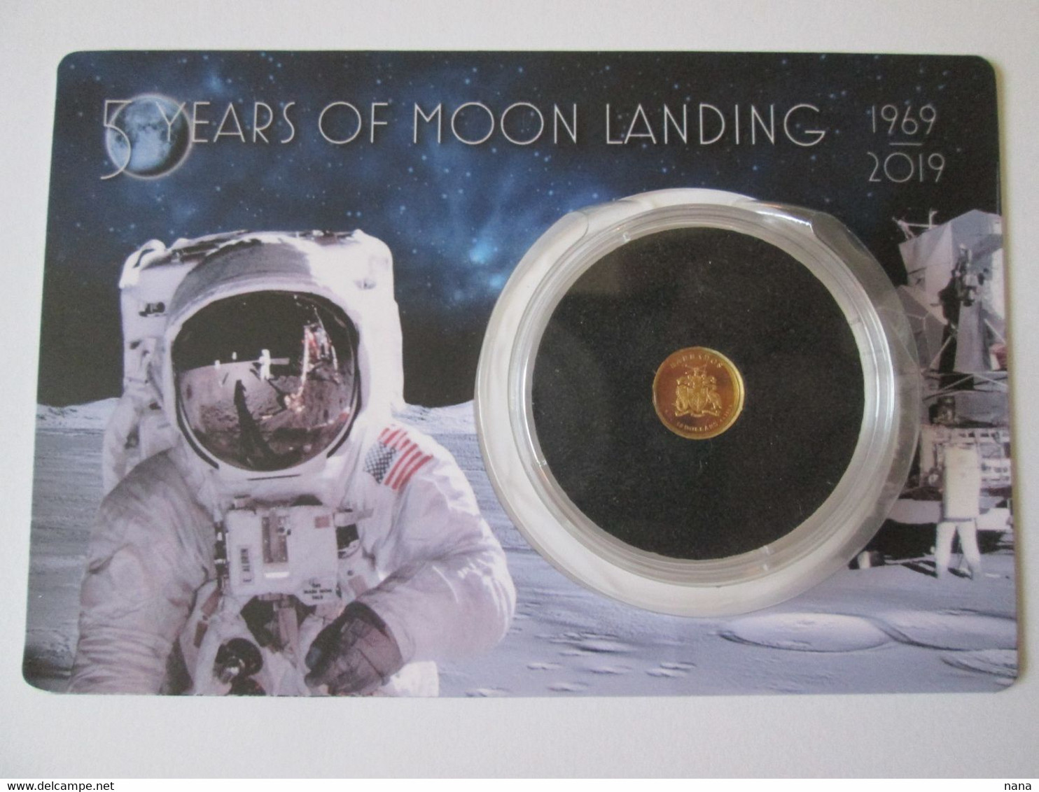Rare! Barbados 10 Dollars 50 Years Of Moon Landing 2019 Proof Gold Coin.9999 Mintage Limited Edition=5000 In Folder - Barbados (Barbuda)