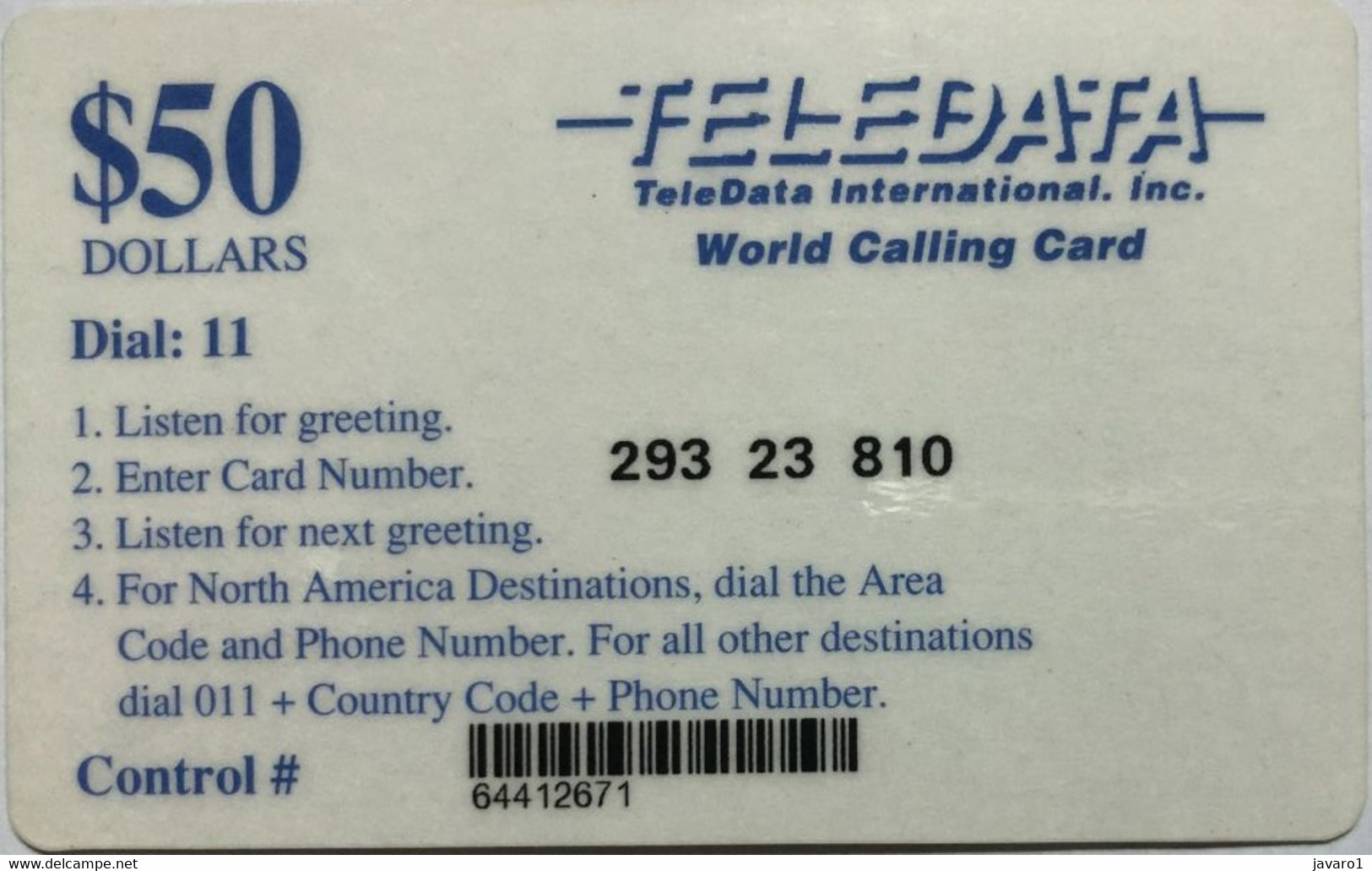 ANGOLA : D05 $50 Blue TELEDATA Blue World Calling Card USED - Angola