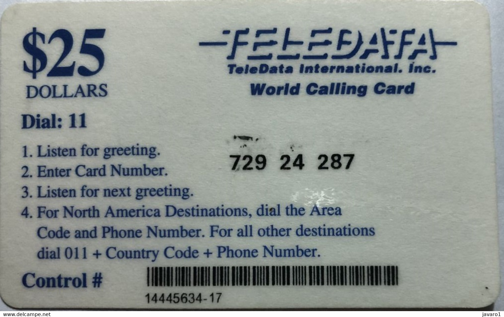 ANGOLA : D04 $25 Blue TELEDATA Blue (long Bar) World Calling C USED - Angola