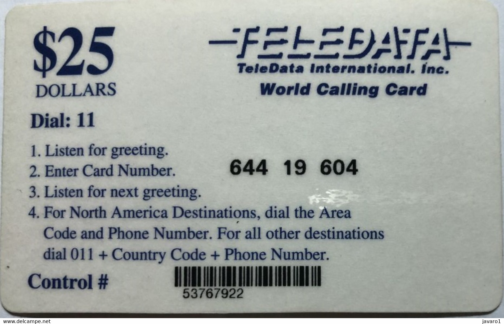 ANGOLA : D04A $25 Blue TELEDATA Blue (short Bar) World Calling C USED - Angola