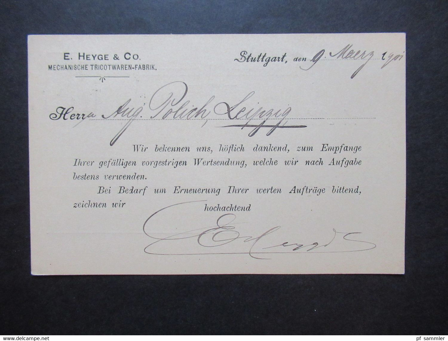 AD Württemberg 1901 Bedruckte PostkarteE. Heyge & Co. Mechanische Tricotwaren Fabrik  Empfang Der Wertsendung - Cartas & Documentos