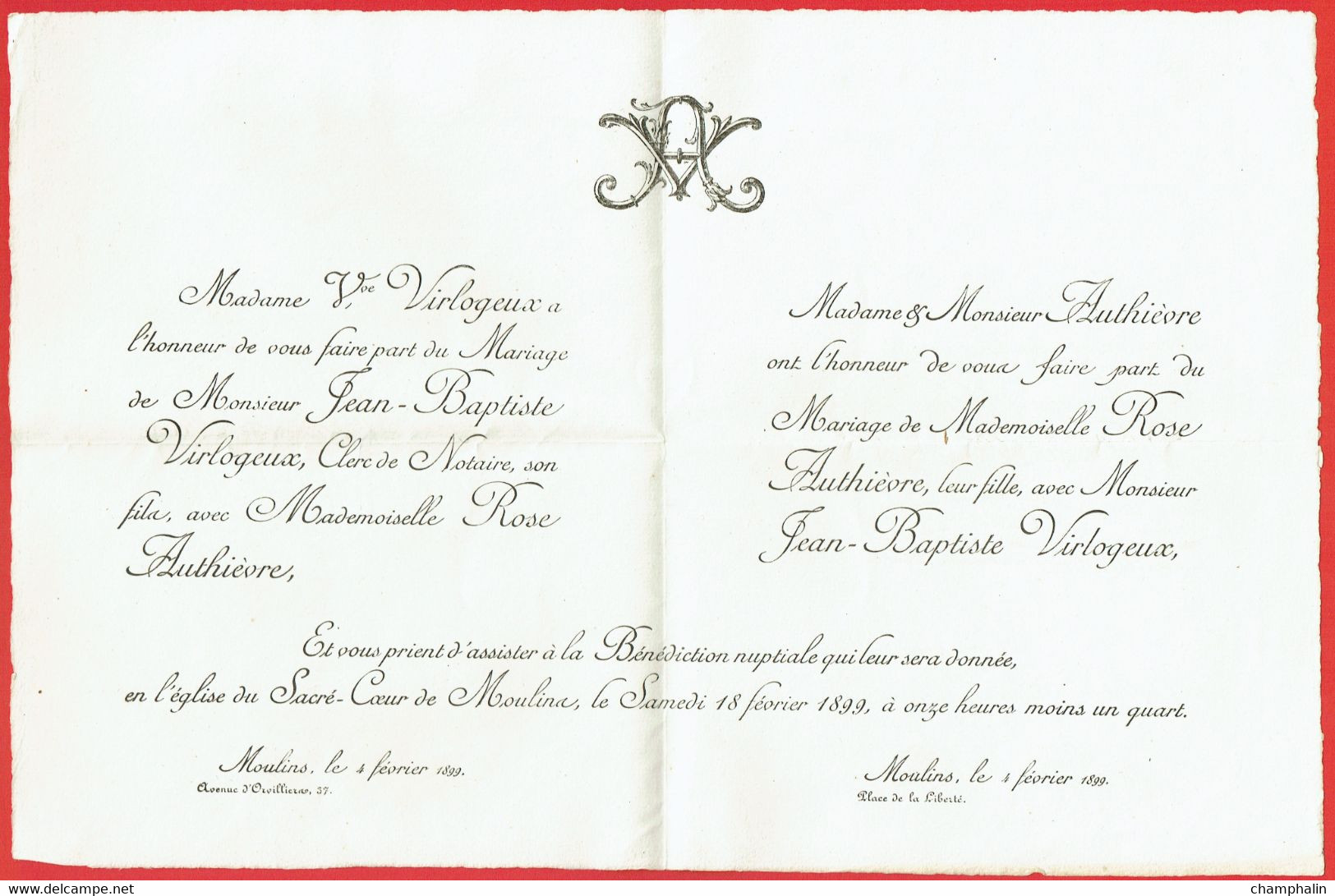 Faire-part De Mariage - Jean-Baptiste Virlogeux & Rose Authièvre à Moulins (03) - 18 Février 1899 - Mariage