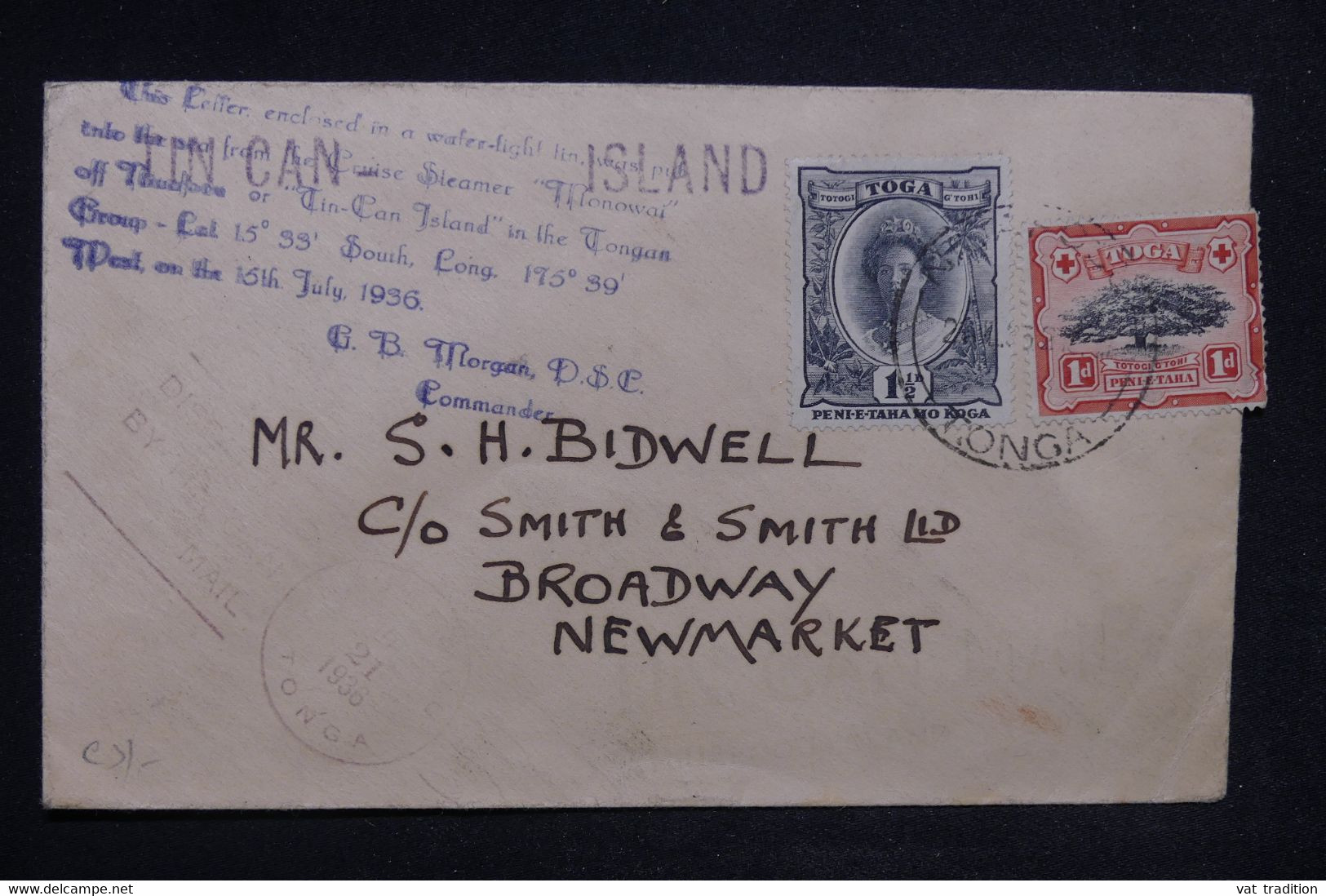 TONGA - Enveloppe Pour Le Canada En 1936  Avec Cachet " Etain Por Canot Courrier " Au Verso, à Voir - L 122421 - Tonga (...-1970)