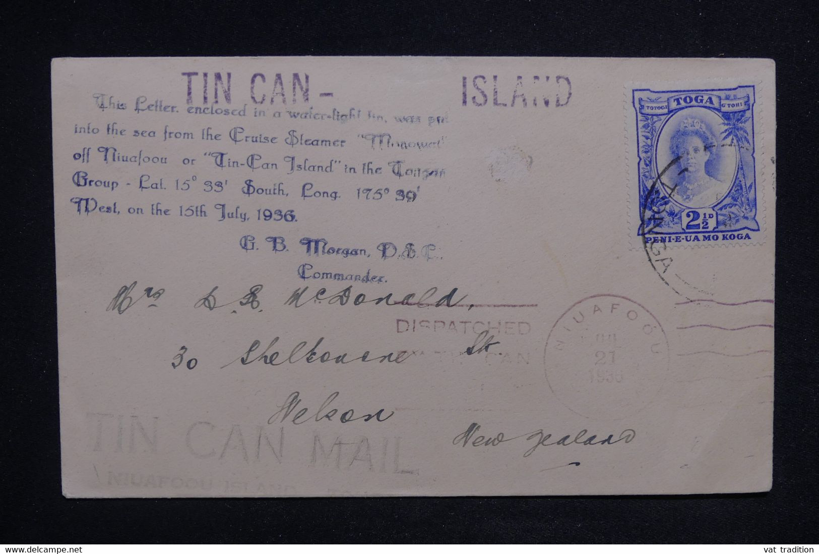 TONGA - Enveloppe Pour La Nouvelle Zélande En 1936  Avec Cachet " Etain Por Canot Courrier " Au Verso, à Voir - L 122422 - Tonga (...-1970)