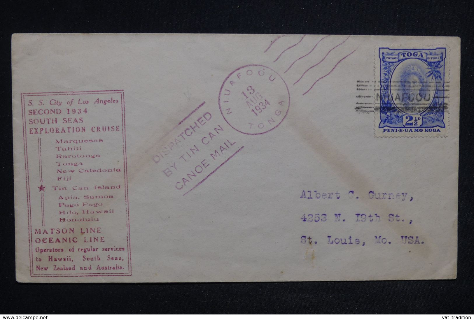 TONGA - Enveloppe Pour Les USA En 1934  Avec Oblitération Mécanique Tin Can Canoé Mail - L 122423 - Tonga (...-1970)