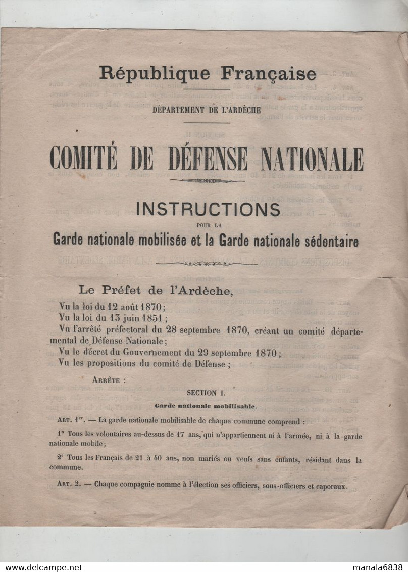 Comité Défense Nationale 1870 Instructions Garde Nationale Ardèche Liste Privas Largentière Tournon - Documents