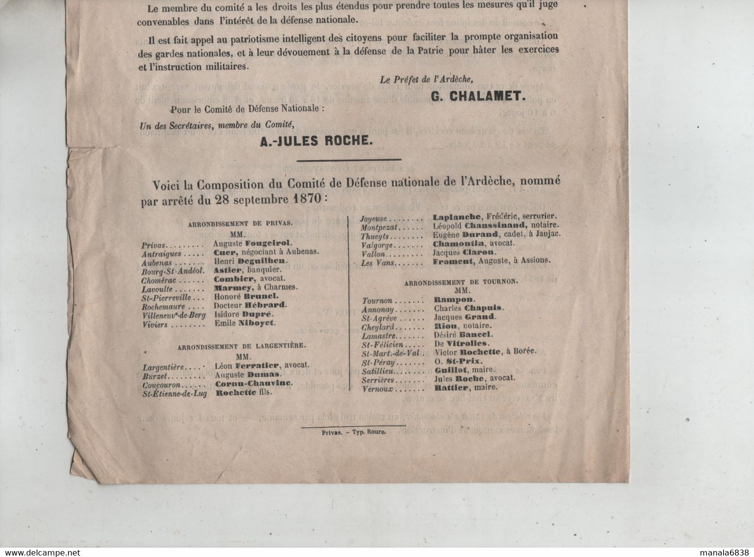 Comité Défense Nationale 1870 Instructions Garde Nationale Ardèche Liste Privas Largentière Tournon - Documenti