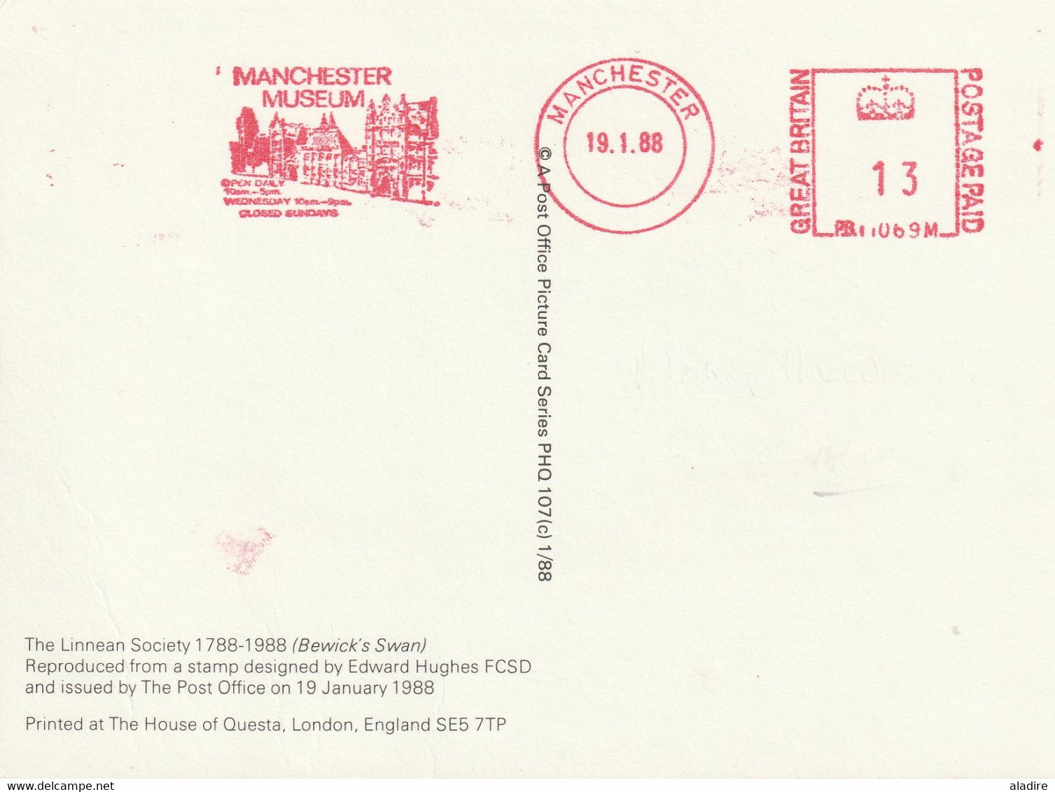 1988 - Manchester Museum Machine Stamp On PC - The Linnean Society - 1788/1988 - Bewick's Swan - Macchine Per Obliterare (EMA)