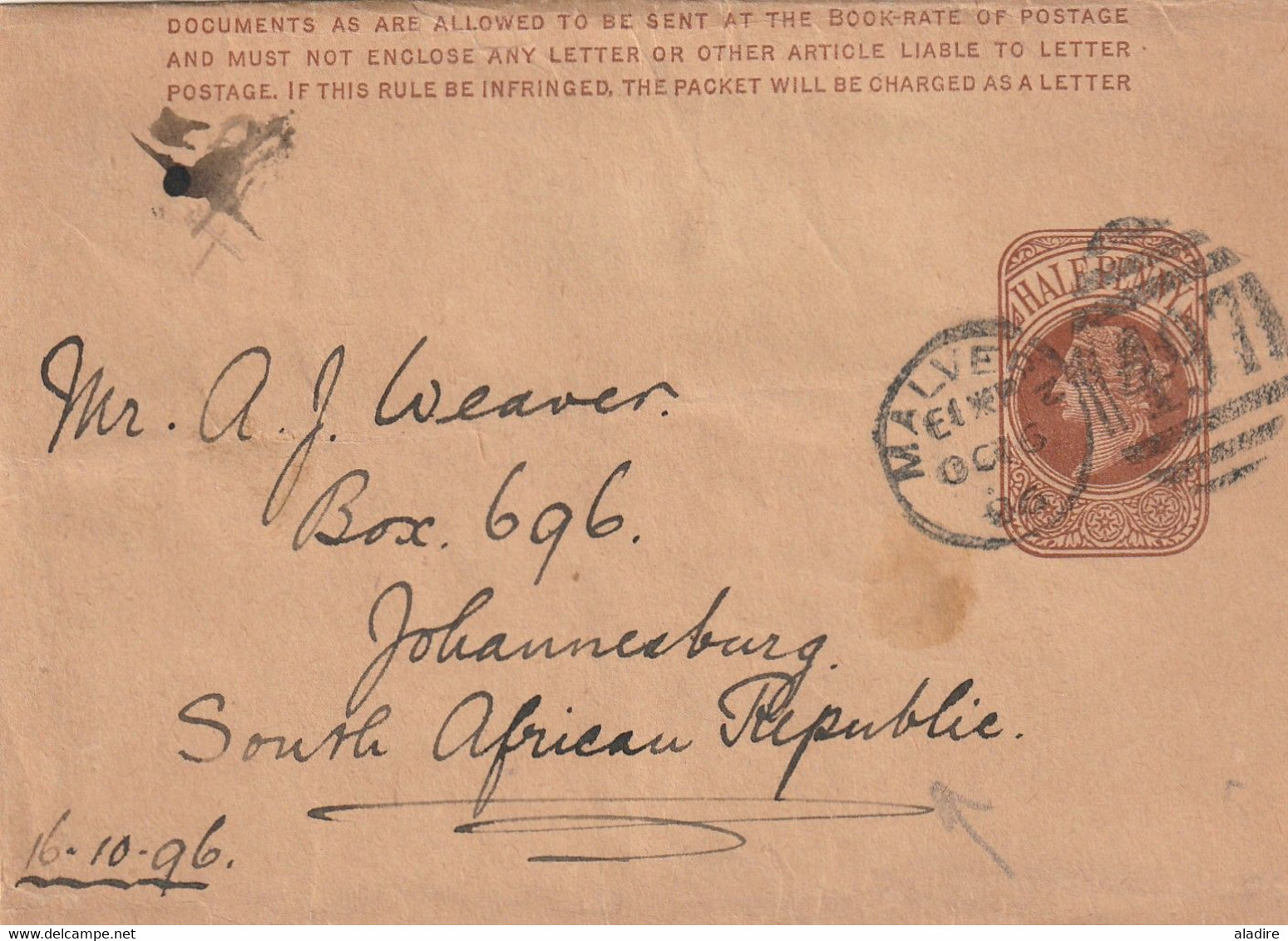 1896 - HALF PENNY Newspaper Stationery From MALVERN, Worcestershire To Johannesburgn, South Africa - Lettres & Documents