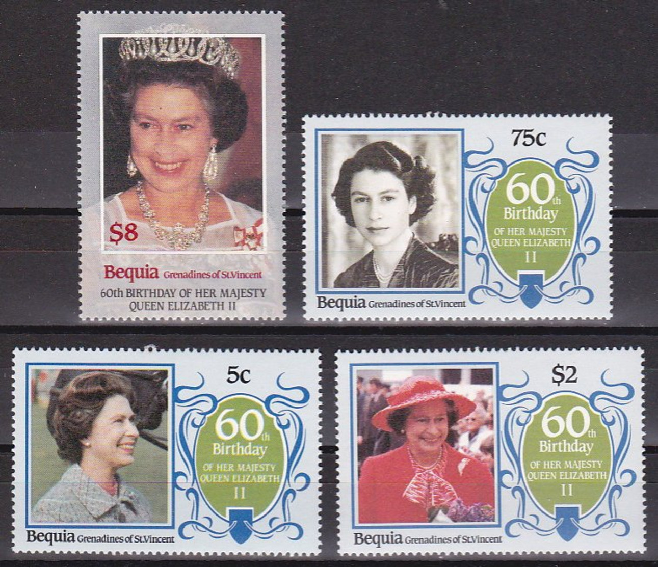 1986-(MNH=**) Bequia S.4v."60^ Compleanno Della Regina Elisabetta II" - Andere & Zonder Classificatie