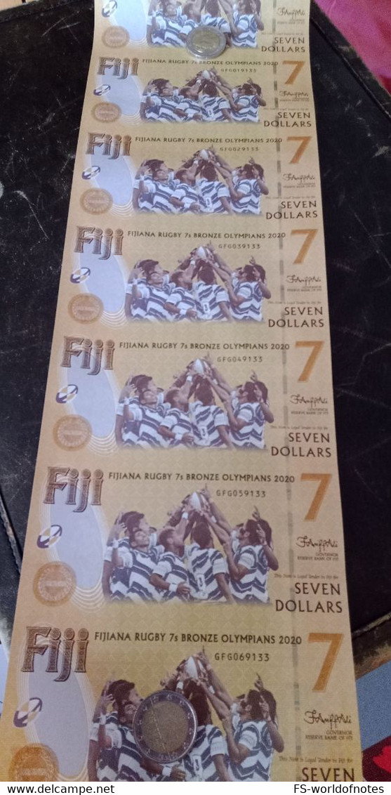 FIJI  New 7 Dollars PW122 "UNCUT Sheet Of 7 Notes"   (Commemorative 2022 )    " Fijiana Rugby 7s Bronze Olympians "  UNC - Fidji