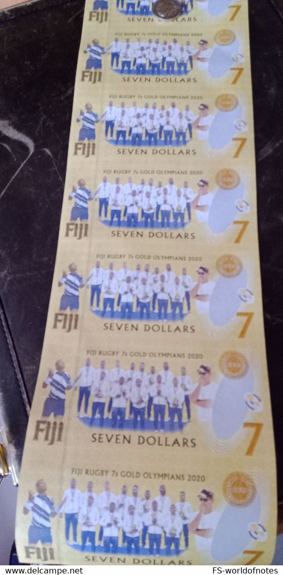 FIJI  New 7 Dollars PW122 "UNCUT Sheet Of 7 Notes"   (Commemorative 2022 )    " Fijiana Rugby 7s Bronze Olympians "  UNC - Fiji