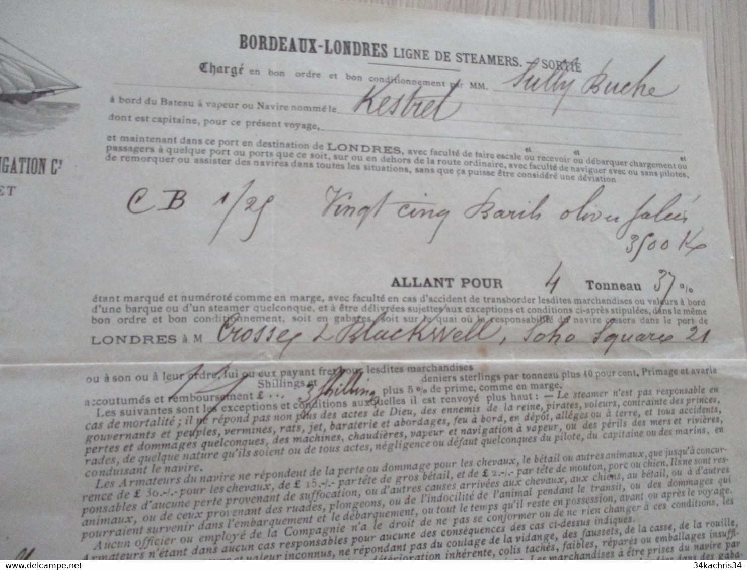 Connaissement Lambton Ligne De Steamers Bordeaux à Londres Strapp  1891 Olives - Transports