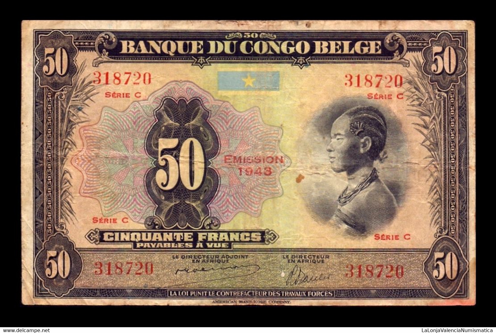 Congo Belga Belgium 50 Francs 1943 Pick 16b BC+ F+ - Bank Van Belgisch Kongo