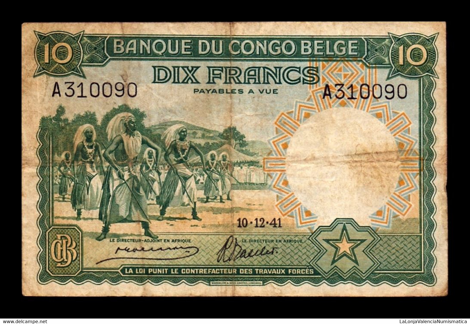 Congo Belga Belgium 10 Francs 1941 Pick 14 BC+ F+ - Banca Del Congo Belga