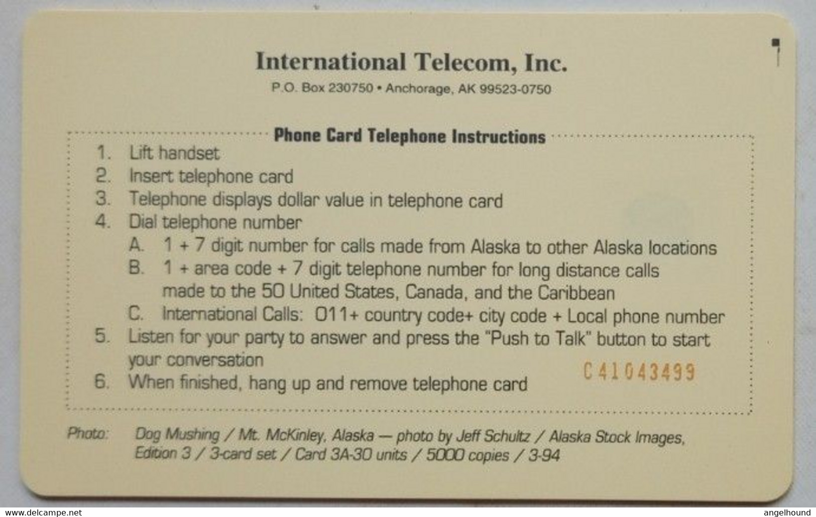 Alaska International Telecom $10.50 Dogs Mushing And Sled At Mount McKinley - Chipkaarten