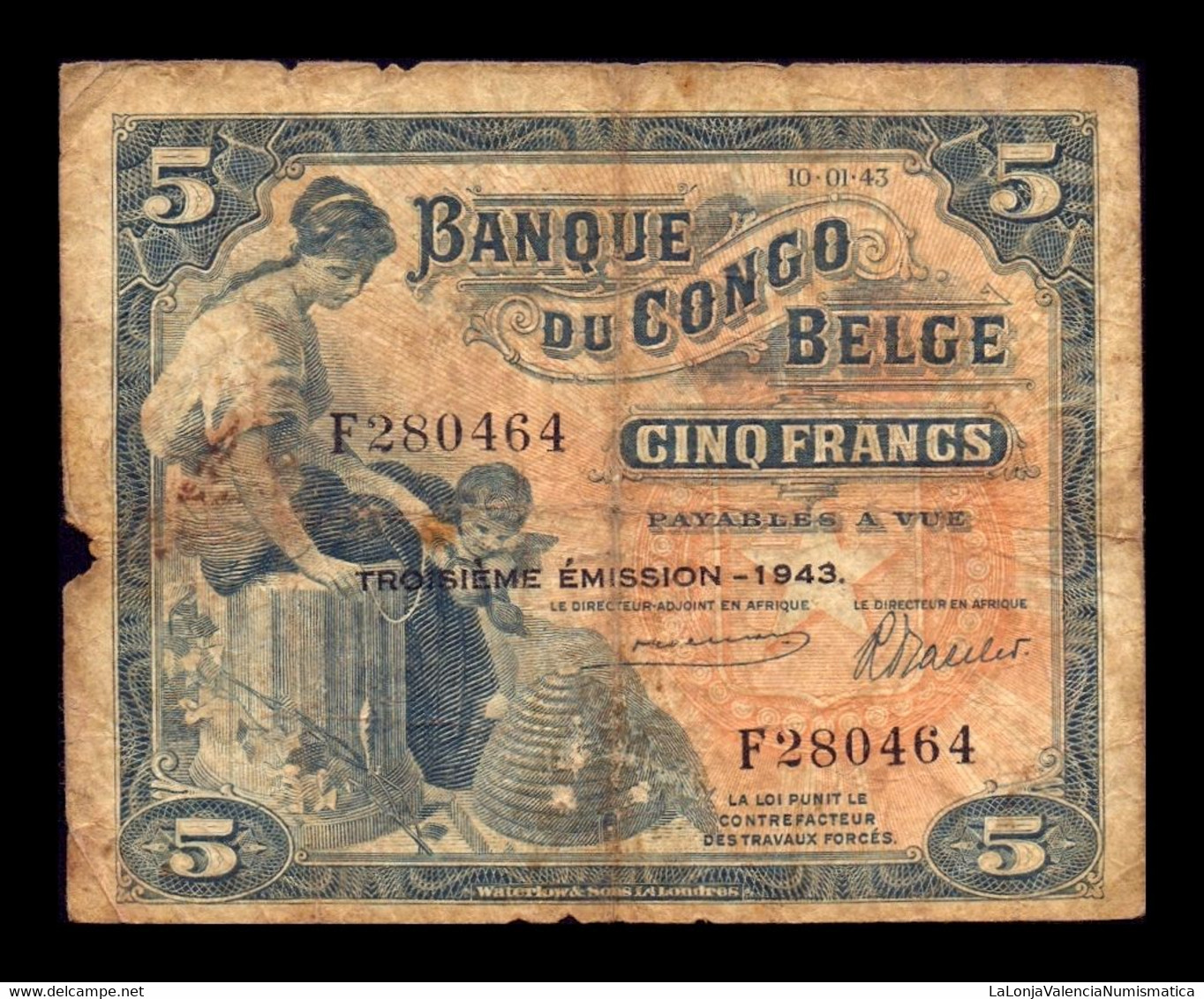 Congo Belga Belgium 5 Francs 1943 Pick 13Aa BC F - Belgian Congo Bank