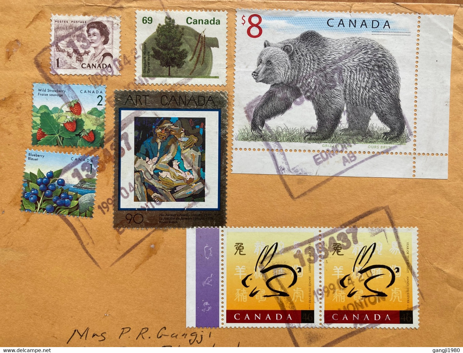 CANADA 1999, HIGH VALUE 8$ BEAR ANIMAL, HARE, RABBIT, ART, TREE, PAINTING, QUEEN, FRUIT, MOTHER & CHILD, 8 STAMP, COVER - Brieven En Documenten
